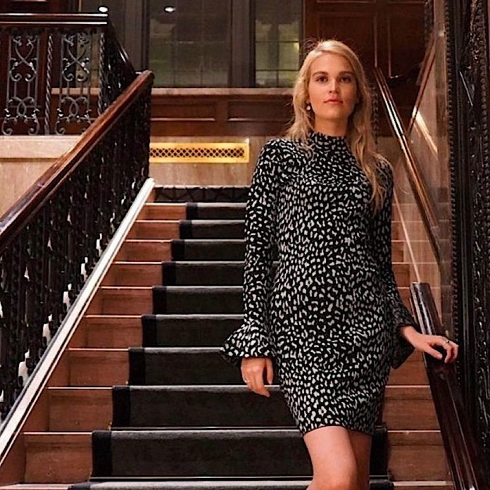 MICHAEL KORS Animal Print Knit Sweater Dress Silver Black Size L